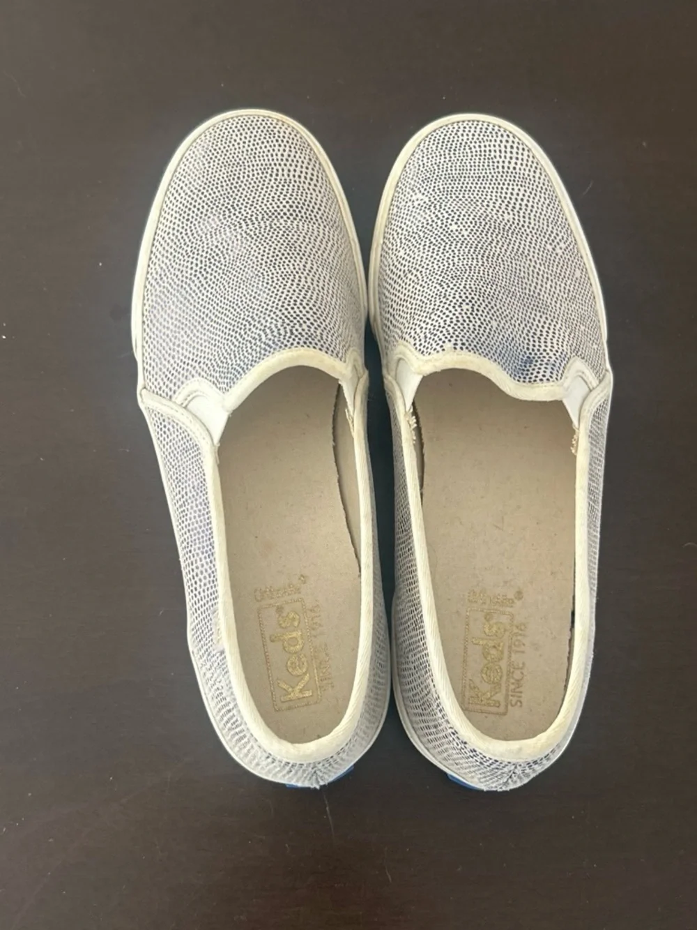 Keds Slip-On Flats in Navy and White Dot Print
